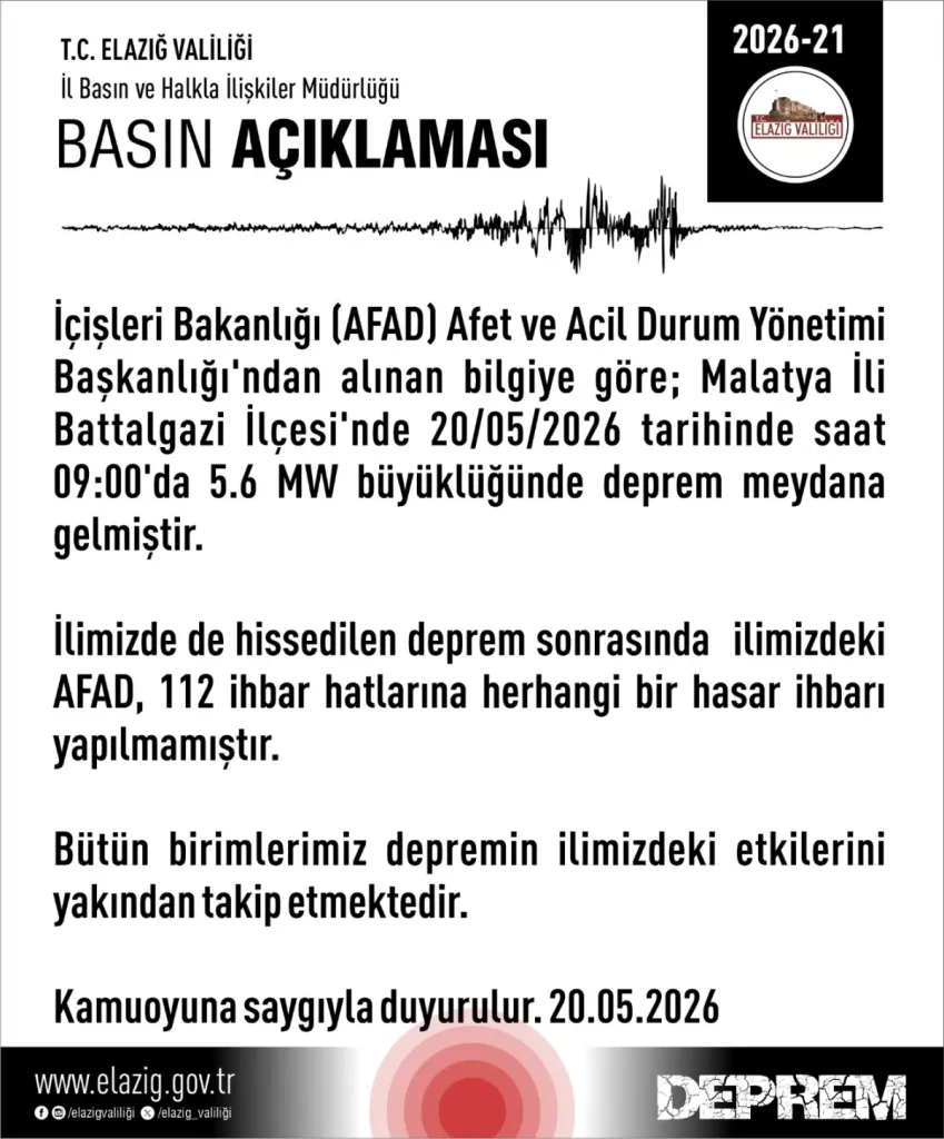 Elazığ Valiliği, Malatya depreminin ardından açıklama yaptı