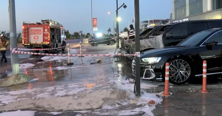 Galeri önünde korkutan yangın: 4 lüks araç yandı