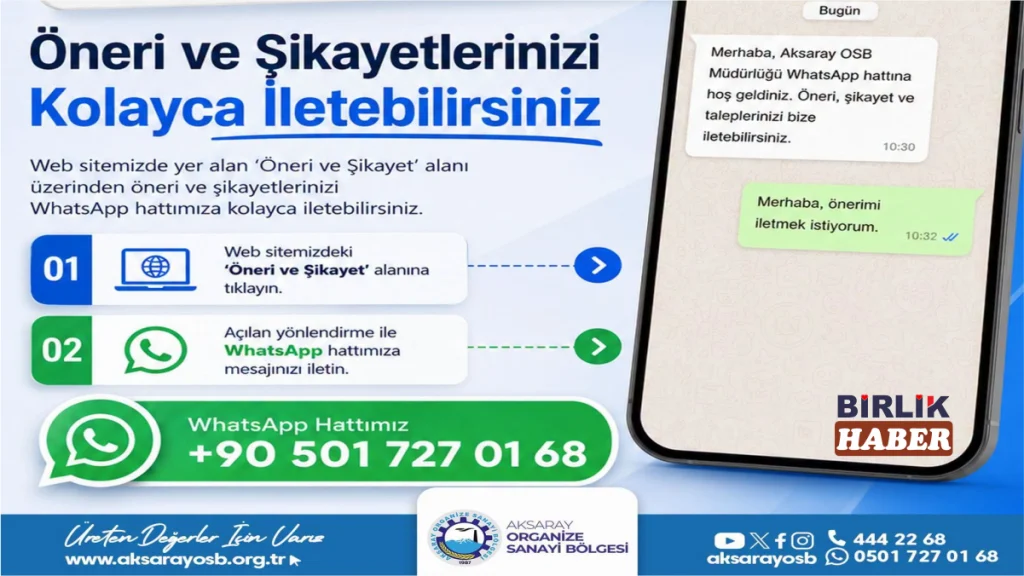 Aksaray OSB WhatsApp Hattı Açıldı! İşte Numara