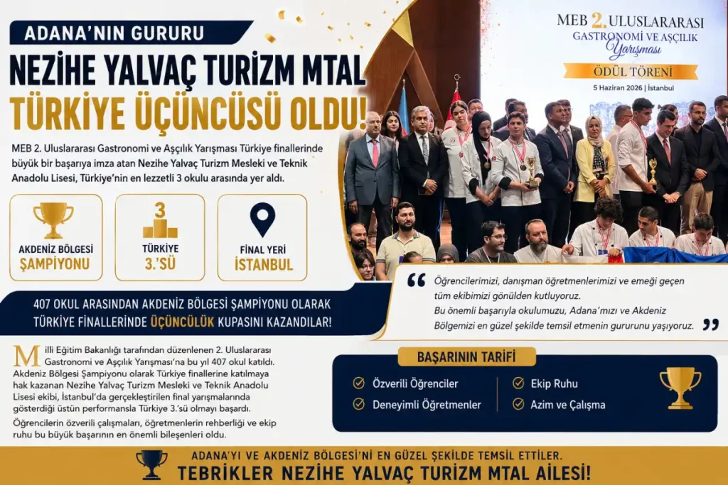 Adana’nın gururu Nezihe Yalvaç Turizm MTAL Türkiye üçüncüsü oldu