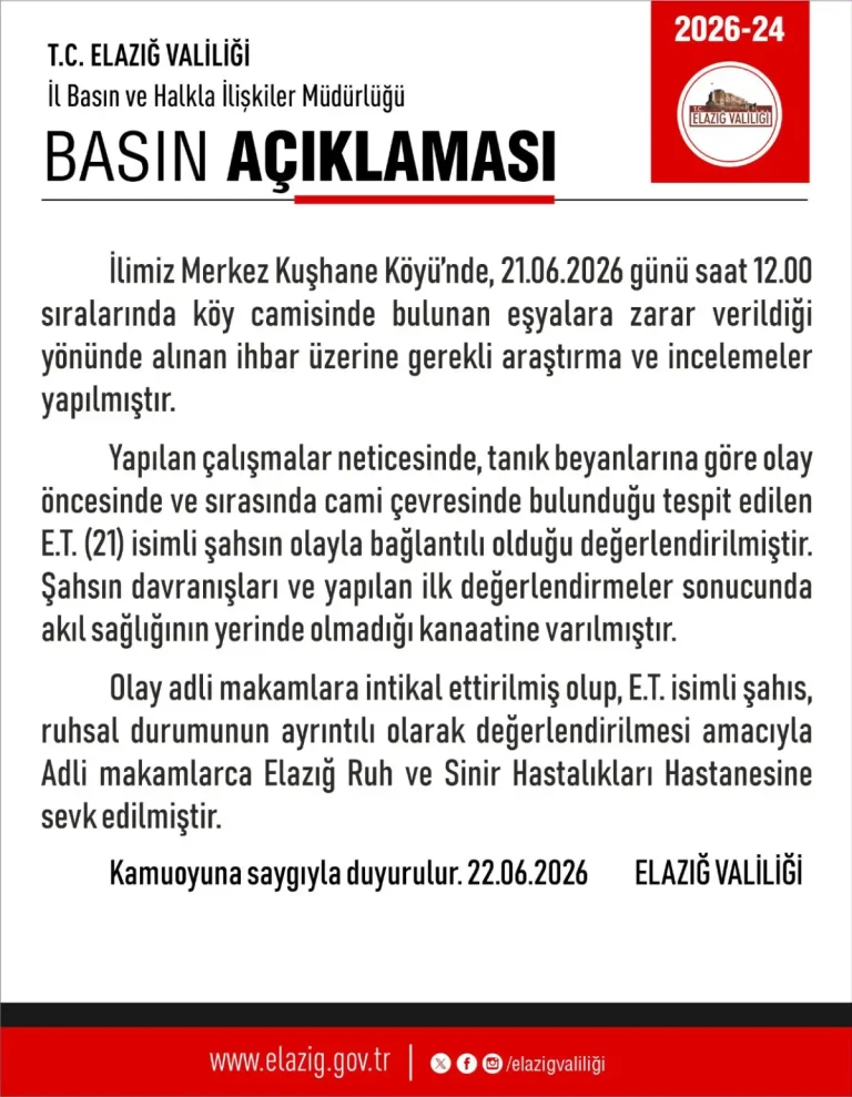 Elazığ’da köy camisine saldıran şahıs Ruh ve Sinir Hastalıkları Hastanesi’ne sevk edildi