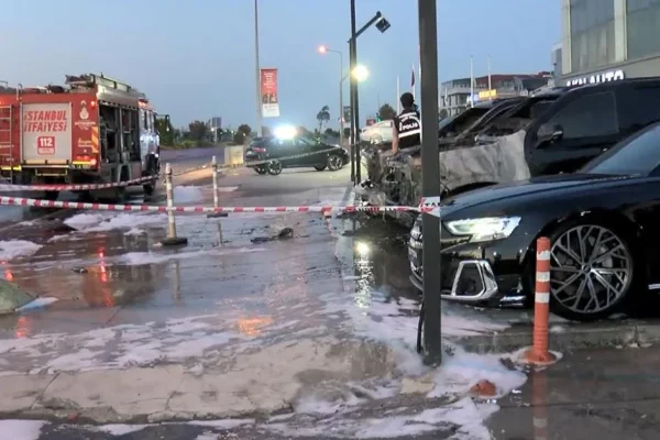Galeri önünde korkutan yangın: 4 lüks araç yandı