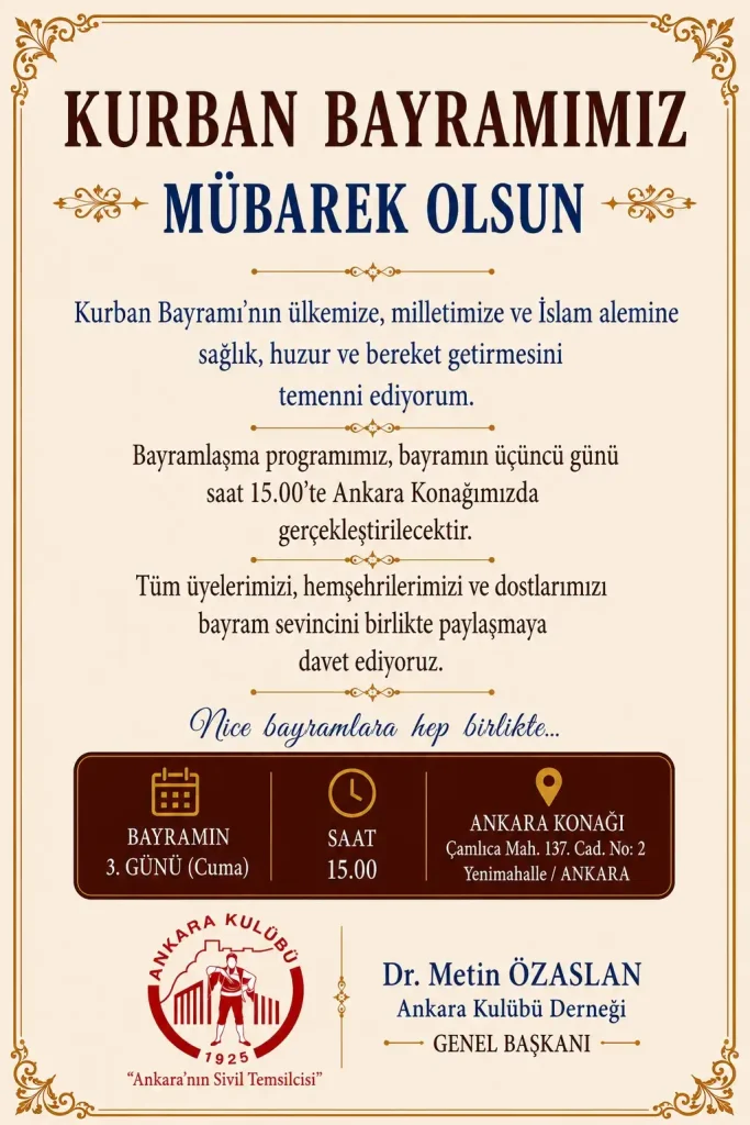 Ankara Kulübü’nden Geleneksel Bayramlaşma programı daveti